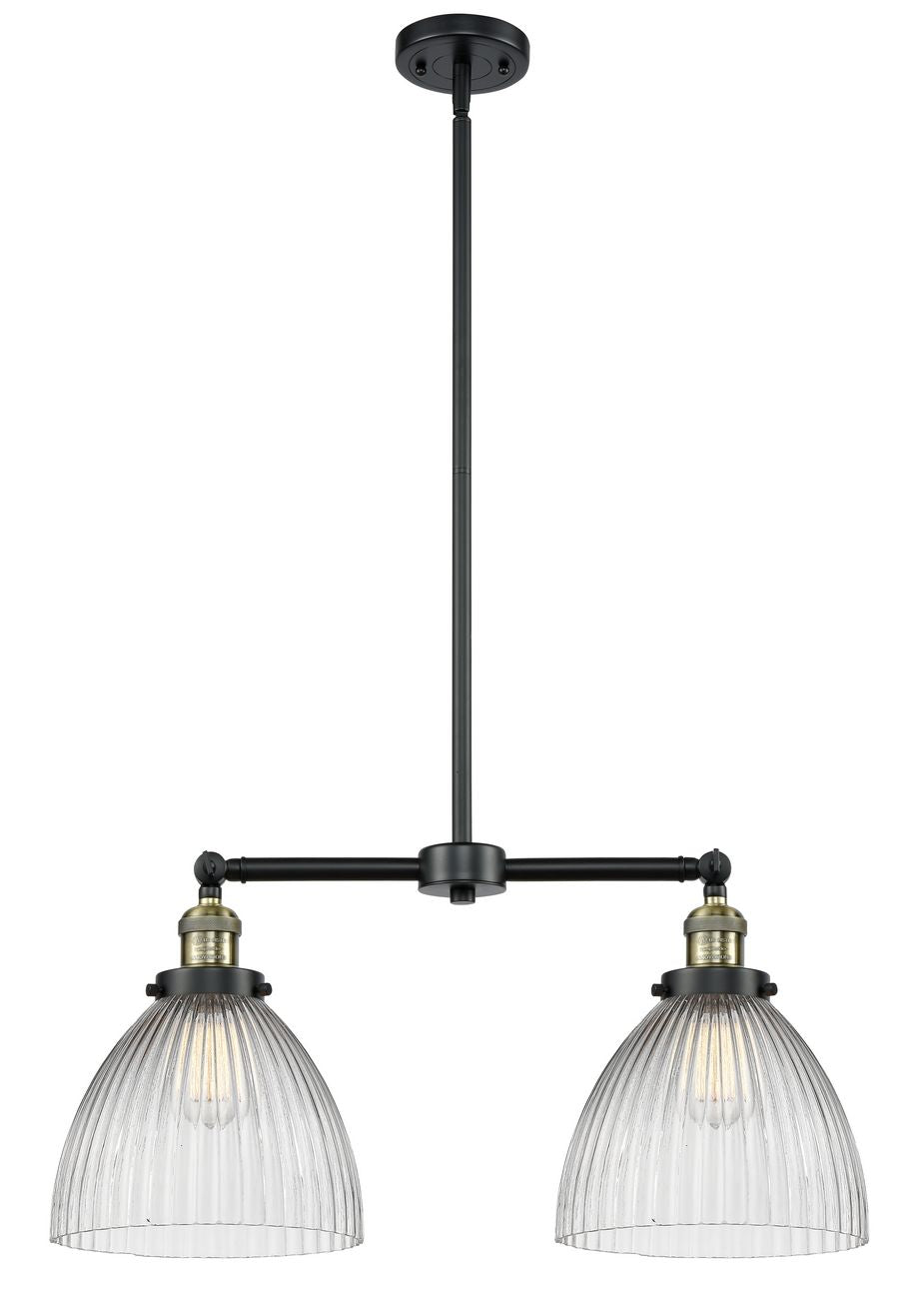 209-BAB-G222 2-Light 21" Black Antique Brass Island Light - Clear Halophane Seneca Falls Glass - LED Bulb - Dimmensions: 21 x 5 x 10<br>Minimum Height : 23.125<br>Maximum Height : 47.125 - Sloped Ceiling Compatible: Yes