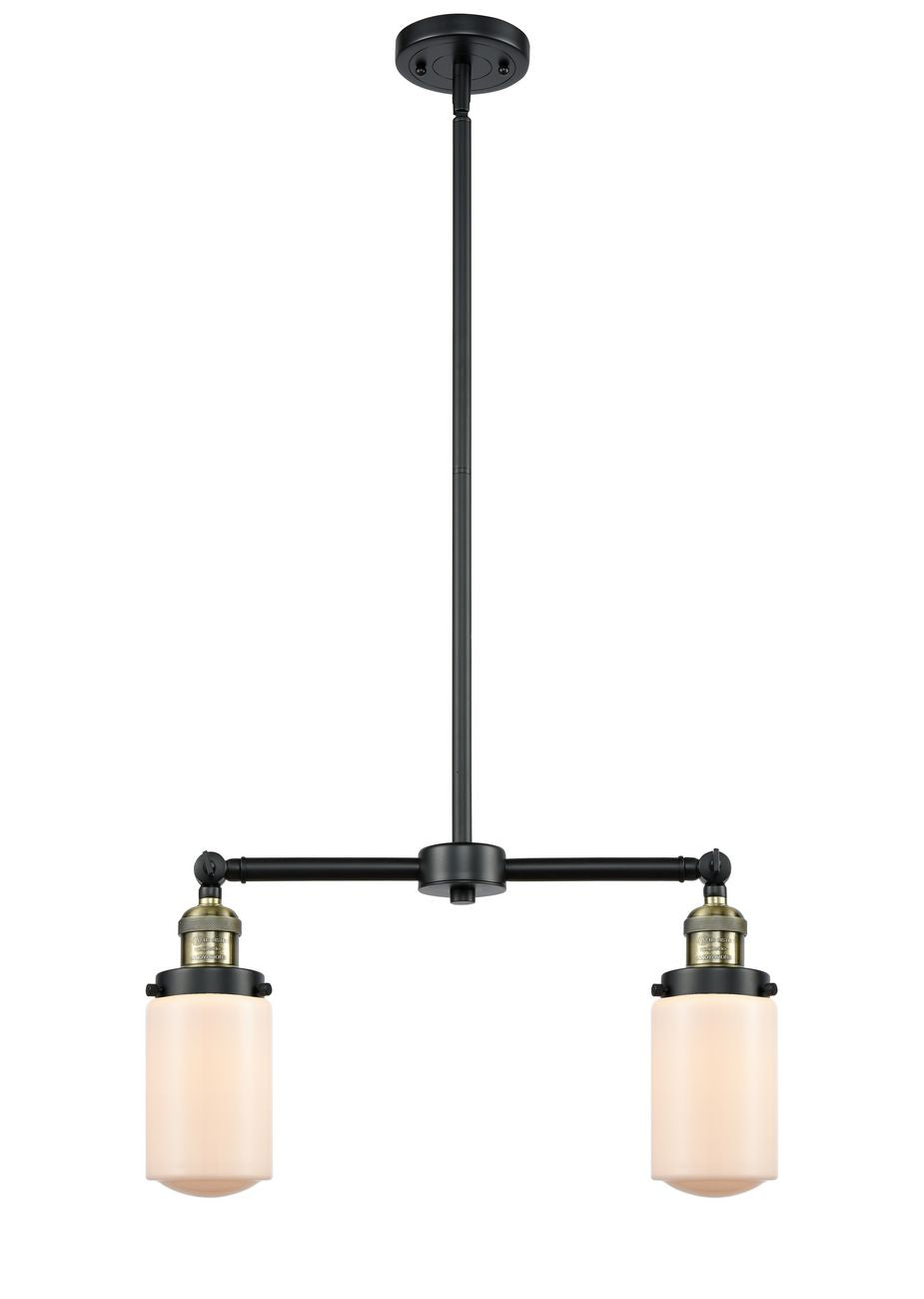 209-BAB-G311 2-Light 21" Black Antique Brass Island Light - Matte White Cased Dover Glass - LED Bulb - Dimmensions: 21 x 4.5 x 10.75<br>Minimum Height : 21.625<br>Maximum Height : 44.625 - Sloped Ceiling Compatible: Yes