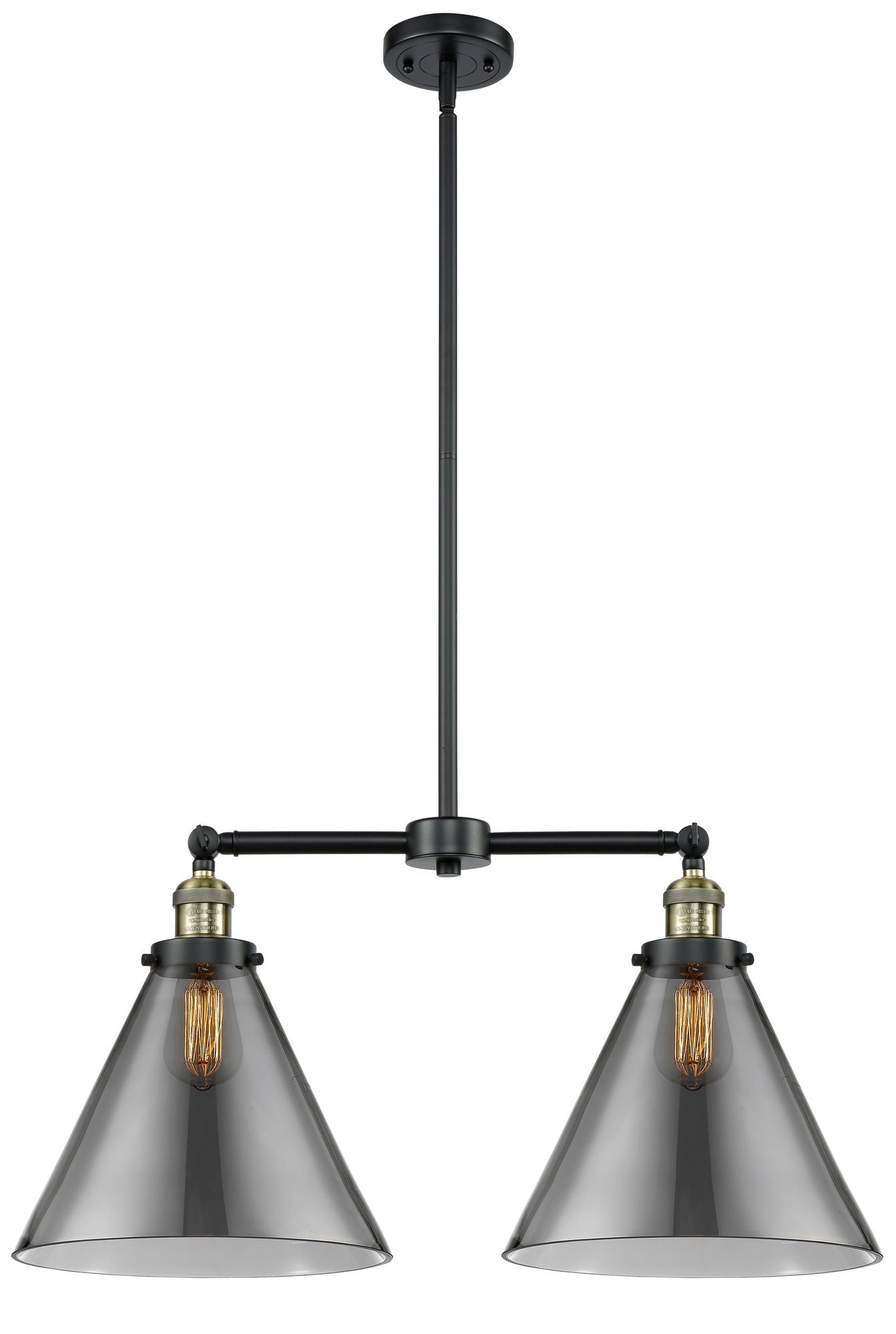 209-BAB-G43-L 2-Light 21" Black Antique Brass Island Light - Plated Smoke Cone 12" Glass - LED Bulb - Dimmensions: 21 x 5 x 10<br>Minimum Height : 25.125<br>Maximum Height : 49.125 - Sloped Ceiling Compatible: Yes