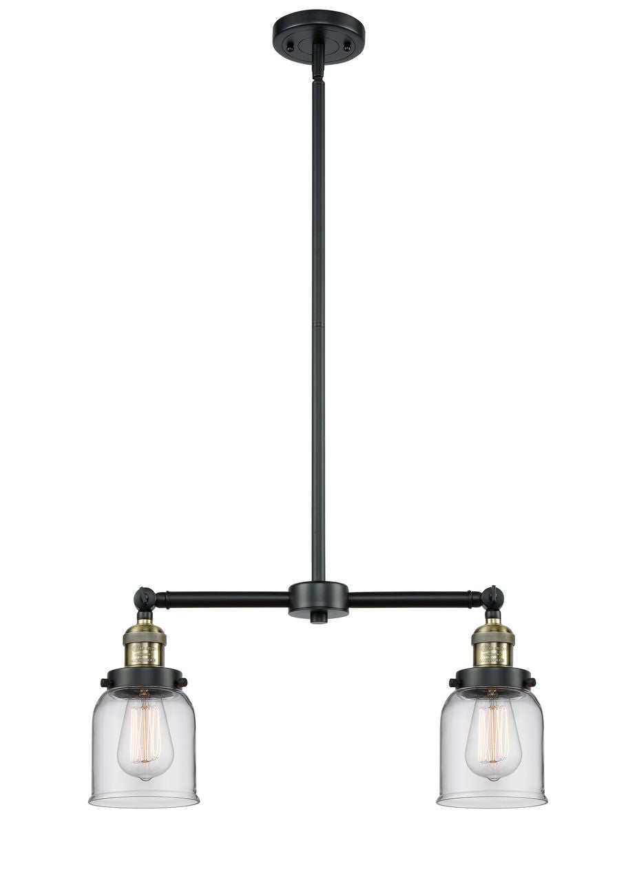 209-BAB-G52 2-Light 21" Black Antique Brass Island Light - Clear Small Bell Glass - LED Bulb - Dimmensions: 21 x 5 x 10<br>Minimum Height : 20.875<br>Maximum Height : 44.875 - Sloped Ceiling Compatible: Yes