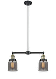 209-BAB-G53 2-Light 21" Black Antique Brass Island Light - Plated Smoke Small Bell Glass - LED Bulb - Dimmensions: 21 x 5 x 10<br>Minimum Height : 20.875<br>Maximum Height : 44.875 - Sloped Ceiling Compatible: Yes