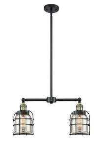 209-BAB-G58-CE 2-Light 21" Black Antique Brass Island Light - Silver Plated Mercury Small Bell Cage Glass - LED Bulb - Dimmensions: 21 x 5 x 10<br>Minimum Height : 21.375<br>Maximum Height : 45.375 - Sloped Ceiling Compatible: Yes