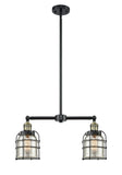 209-BAB-G58-CE 2-Light 21" Black Antique Brass Island Light - Silver Plated Mercury Small Bell Cage Glass - LED Bulb - Dimmensions: 21 x 5 x 10<br>Minimum Height : 21.375<br>Maximum Height : 45.375 - Sloped Ceiling Compatible: Yes