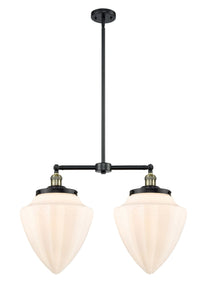 209-BAB-G661-12 2-Light 24" Black Antique Brass Island Light - Matte White Cased Large Bullet Glass - LED Bulb - Dimmensions: 24 x 12 x 18<br>Minimum Height : 27<br>Maximum Height : 51 - Sloped Ceiling Compatible: Yes