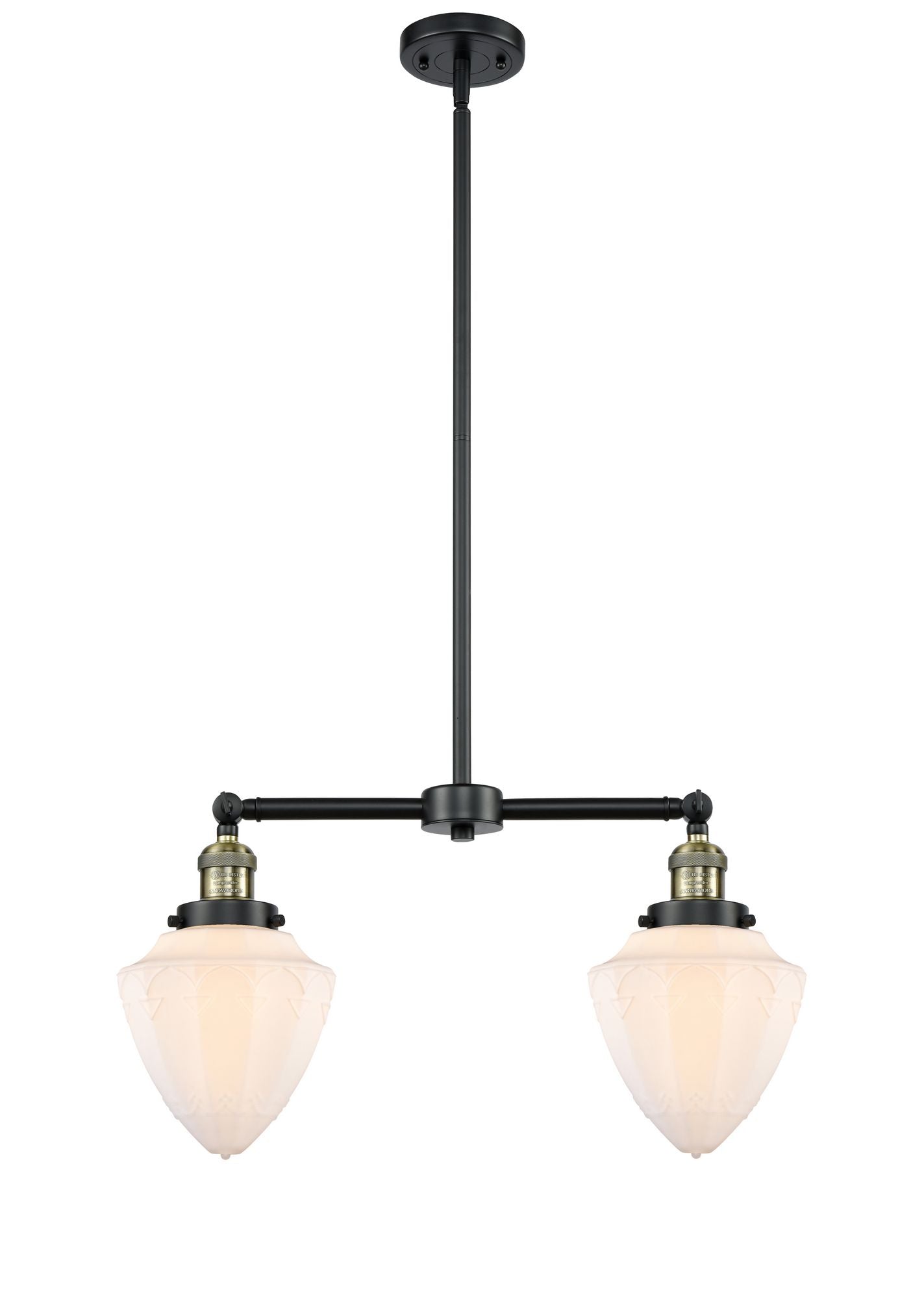 209-BAB-G661-7 2-Light 24" Black Antique Brass Island Light - Matte White Cased Small Bullet Glass - LED Bulb - Dimmensions: 24 x 7 x 15.25<br>Minimum Height : 24.25<br>Maximum Height : 48.25 - Sloped Ceiling Compatible: Yes