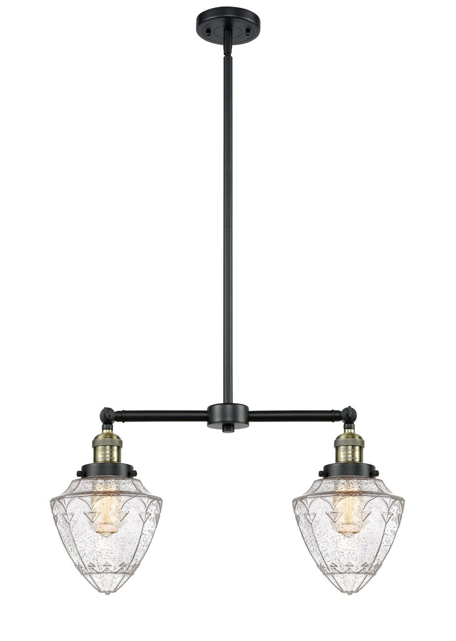 209-BAB-G664-7 2-Light 24" Black Antique Brass Island Light - Seedy Small Bullet Glass - LED Bulb - Dimmensions: 24 x 7 x 15.25<br>Minimum Height : 24.25<br>Maximum Height : 48.25 - Sloped Ceiling Compatible: Yes