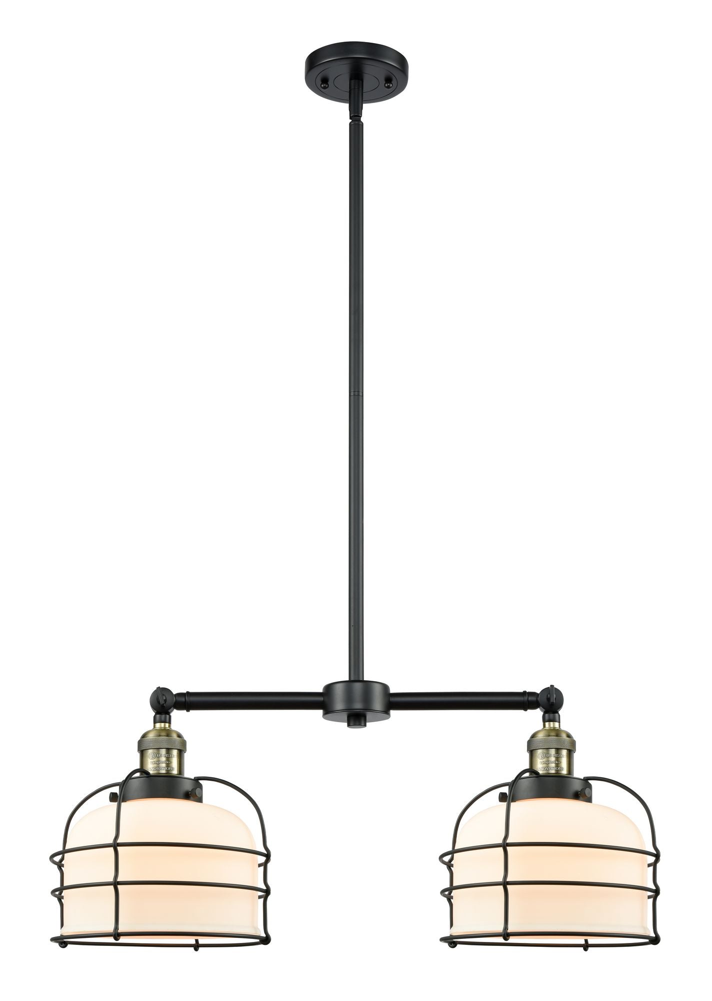 2-Light 24" Matte Black Island Light - Matte White Cased Large Bell Cage Glass LED