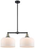 209-BAB-G71-L 2-Light 21" Black Antique Brass Island Light - Matte White Cased X-Large Bell Glass - LED Bulb - Dimmensions: 21 x 5 x 10<br>Minimum Height : 23.125<br>Maximum Height : 47.125 - Sloped Ceiling Compatible: Yes