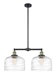 2-Light 21" Black Antique Brass Island Light - Clear Deco Swirl X-Large Bell Glass - LED Bulbs Included