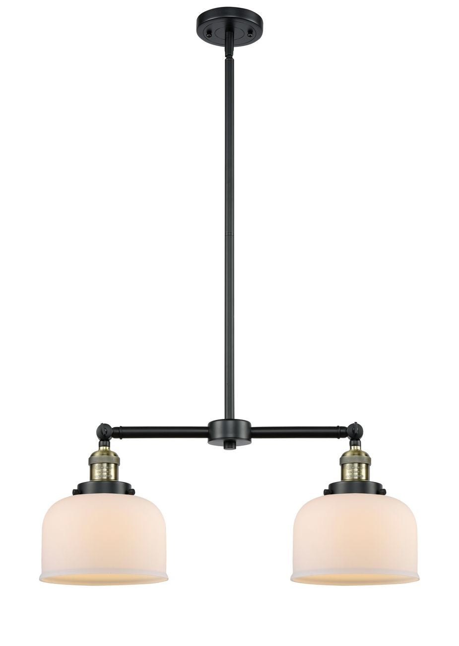 209-BAB-G71 2-Light 21" Black Antique Brass Island Light - Matte White Cased Large Bell Glass - LED Bulb - Dimmensions: 21 x 5 x 10<br>Minimum Height : 20.875<br>Maximum Height : 44.875 - Sloped Ceiling Compatible: Yes
