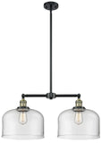 209-BAB-G72-L 2-Light 21" Black Antique Brass Island Light - Clear X-Large Bell Glass - LED Bulb - Dimmensions: 21 x 5 x 10<br>Minimum Height : 23.125<br>Maximum Height : 47.125 - Sloped Ceiling Compatible: Yes