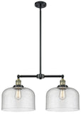 209-BAB-G74-L 2-Light 21" Black Antique Brass Island Light - Seedy X-Large Bell Glass - LED Bulb - Dimmensions: 21 x 5 x 10<br>Minimum Height : 23.125<br>Maximum Height : 47.125 - Sloped Ceiling Compatible: Yes