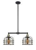 2-Light 24" Black Antique Brass Island Light - Silver Plated Mercury Large Bell Cage Glass LED