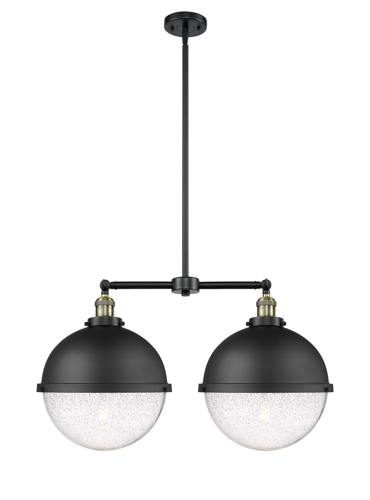 209-BAB-HFS-124-BK 2-Light 18" Matte Black Island Light - Seedy Hampden Glass - LED Bulb - Dimmensions: 18 x 12.875 x 16.75<br>Minimum Height : 25.75<br>Maximum Height : 49.75 - Sloped Ceiling Compatible: Yes