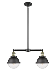 209-BAB-HFS-62-BK 2-Light 18" Matte Black Island Light - Clear Hampden Glass - LED Bulb - Dimmensions: 18 x 7.25 x 10.5<br>Minimum Height : 19.5<br>Maximum Height : 43.5 - Sloped Ceiling Compatible: Yes