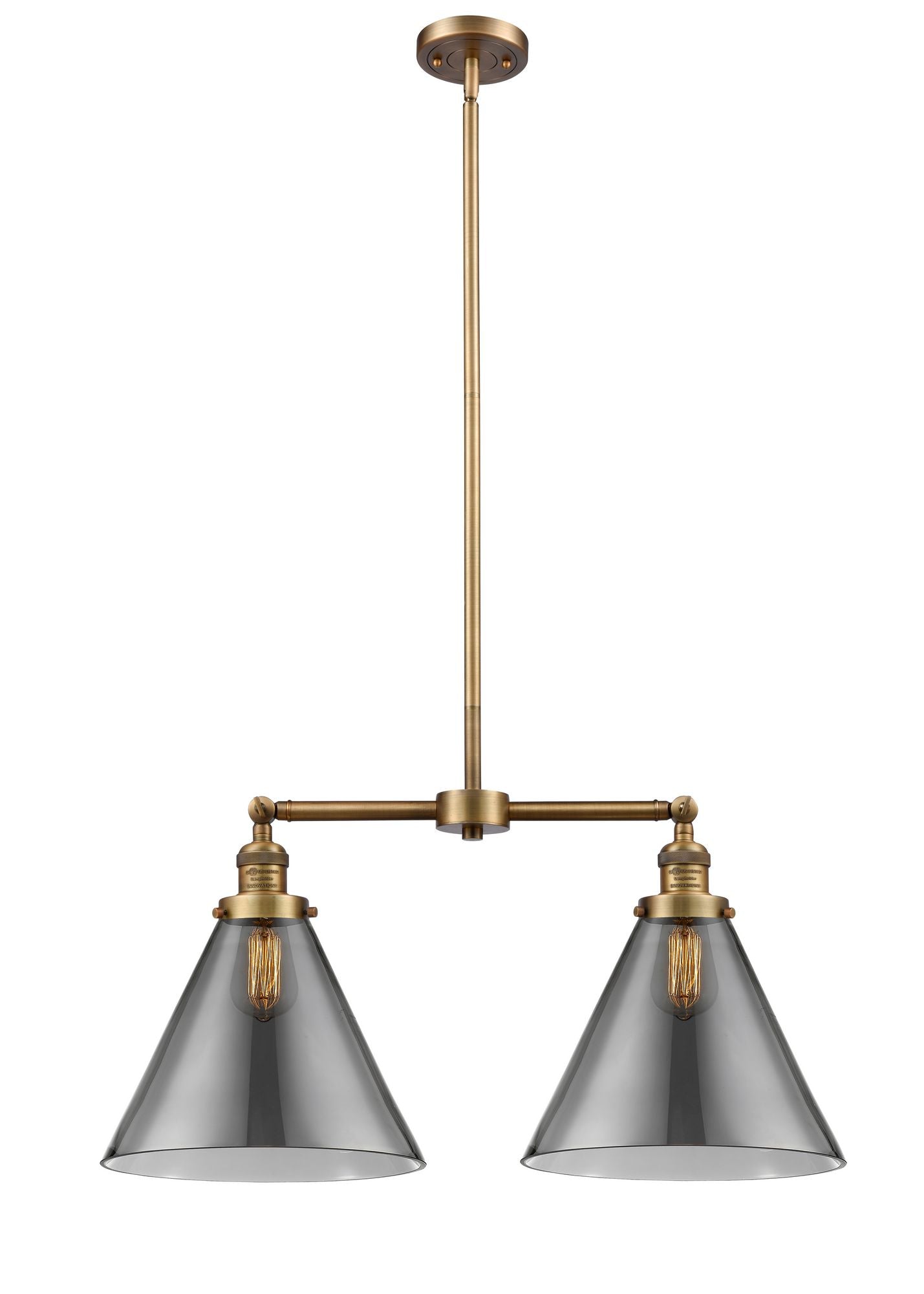209-BB-G43-L 2-Light 21" Brushed Brass Island Light - Plated Smoke Cone 12" Glass - LED Bulb - Dimmensions: 21 x 5 x 10<br>Minimum Height : 25.125<br>Maximum Height : 49.125 - Sloped Ceiling Compatible: Yes