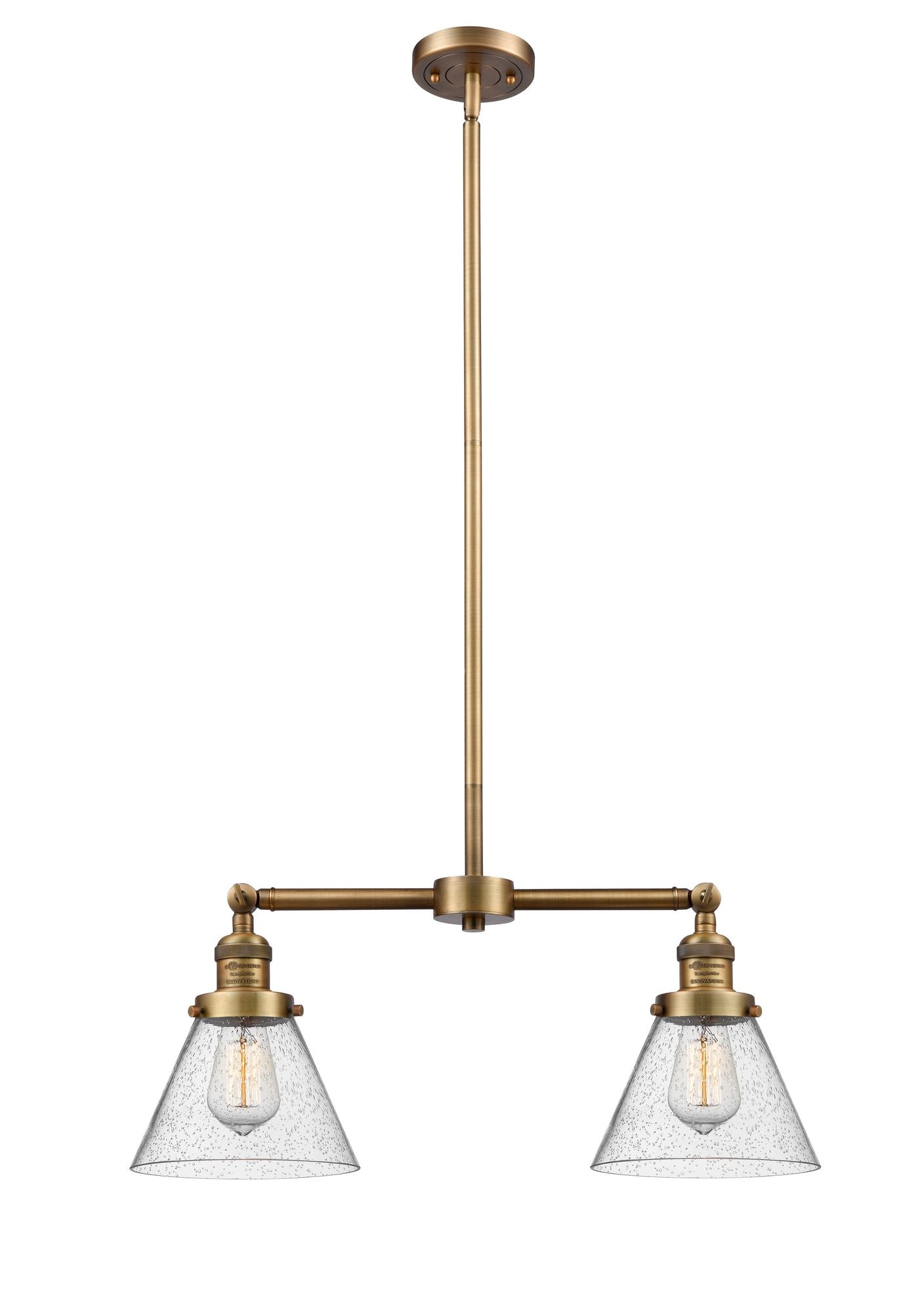 209-BB-G44 2-Light 21" Brushed Brass Island Light - Seedy Large Cone Glass - LED Bulb - Dimmensions: 21 x 5 x 10<br>Minimum Height : 21.125<br>Maximum Height : 45.125 - Sloped Ceiling Compatible: Yes