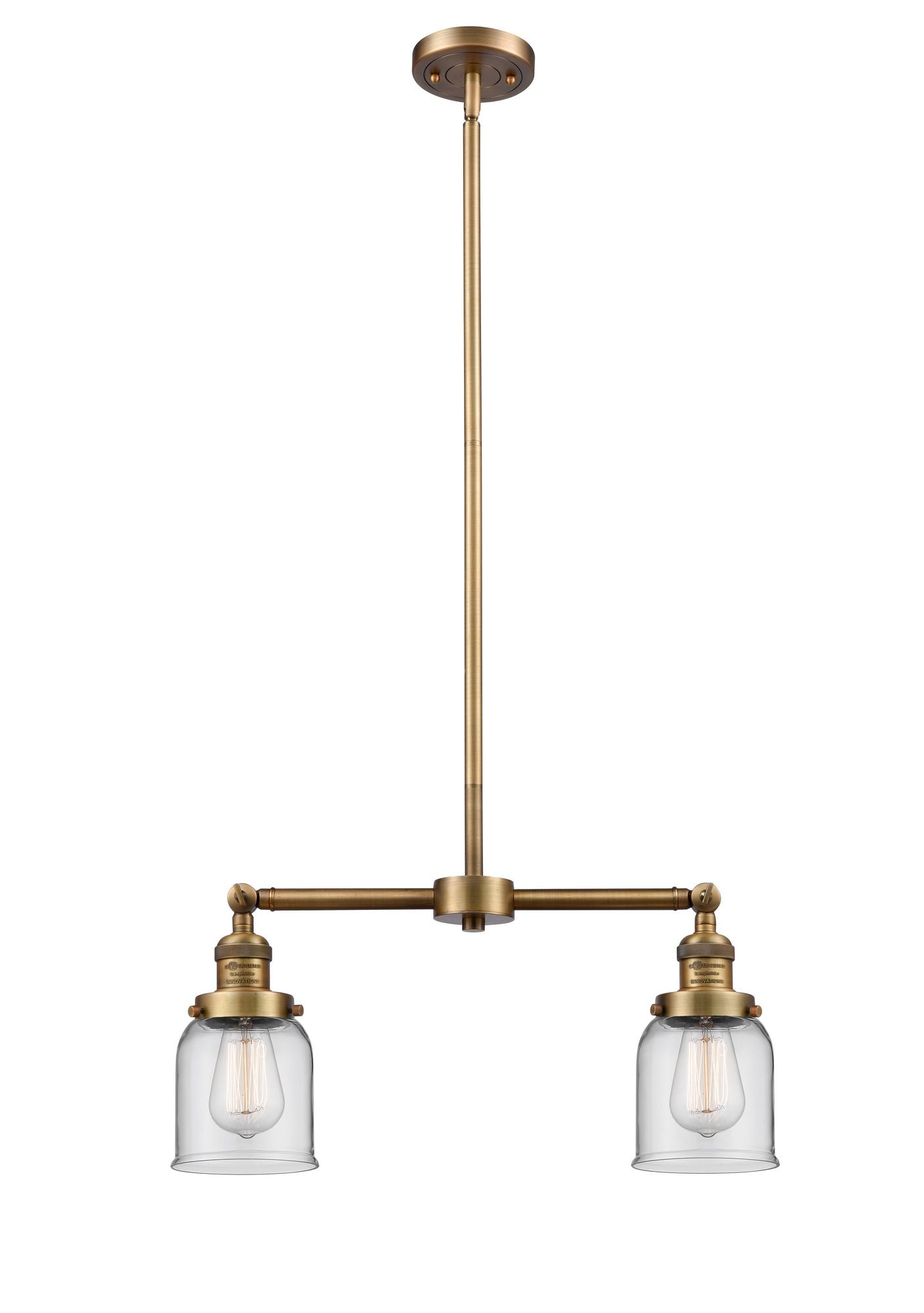 209-BB-G52 2-Light 21" Brushed Brass Island Light - Clear Small Bell Glass - LED Bulb - Dimmensions: 21 x 5 x 10<br>Minimum Height : 20.875<br>Maximum Height : 44.875 - Sloped Ceiling Compatible: Yes