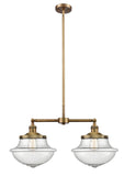 209-BB-G544 2-Light 25" Brushed Brass Island Light - Seedy Large Oxford Glass - LED Bulb - Dimmensions: 25 x 12 x 10<br>Minimum Height : 23.25<br>Maximum Height : 47.25 - Sloped Ceiling Compatible: Yes