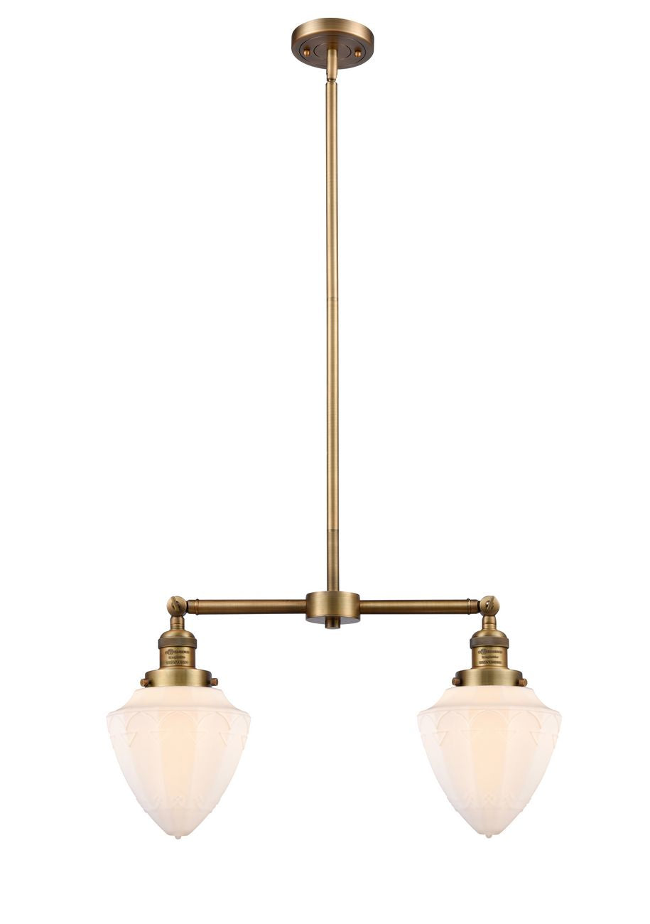 209-BB-G661-7 2-Light 24" Brushed Brass Island Light - Matte White Cased Small Bullet Glass - LED Bulb - Dimmensions: 24 x 7 x 15.25<br>Minimum Height : 24.25<br>Maximum Height : 48.25 - Sloped Ceiling Compatible: Yes