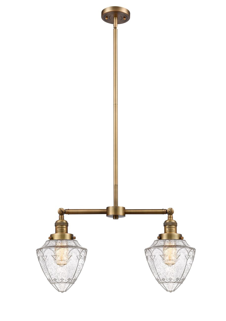 209-BB-G664-7 2-Light 24" Brushed Brass Island Light - Seedy Small Bullet Glass - LED Bulb - Dimmensions: 24 x 7 x 15.25<br>Minimum Height : 24.25<br>Maximum Height : 48.25 - Sloped Ceiling Compatible: Yes