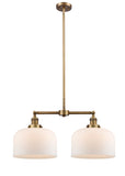 209-BB-G71-L 2-Light 21" Brushed Brass Island Light - Matte White Cased X-Large Bell Glass - LED Bulb - Dimmensions: 21 x 5 x 10<br>Minimum Height : 23.125<br>Maximum Height : 47.125 - Sloped Ceiling Compatible: Yes