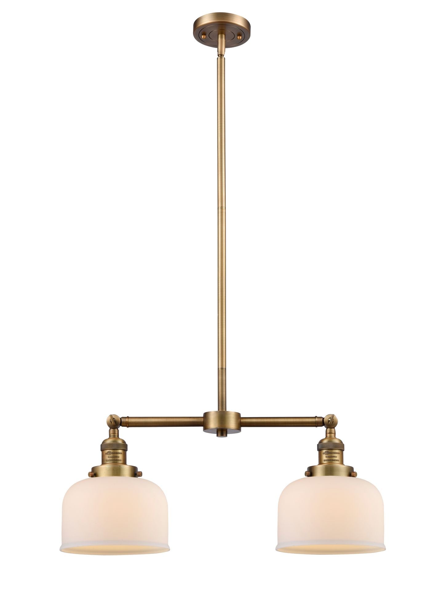 209-BB-G71 2-Light 21" Brushed Brass Island Light - Matte White Cased Large Bell Glass - LED Bulb - Dimmensions: 21 x 5 x 10<br>Minimum Height : 20.875<br>Maximum Height : 44.875 - Sloped Ceiling Compatible: Yes
