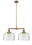 209-BB-G72-L 2-Light 21" Brushed Brass Island Light - Clear X-Large Bell Glass - LED Bulb - Dimmensions: 21 x 5 x 10<br>Minimum Height : 23.125<br>Maximum Height : 47.125 - Sloped Ceiling Compatible: Yes