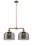 209-BB-G73-L 2-Light 21" Brushed Brass Island Light - Plated Smoke X-Large Bell Glass - LED Bulb - Dimmensions: 21 x 5 x 10<br>Minimum Height : 23.125<br>Maximum Height : 47.125 - Sloped Ceiling Compatible: Yes