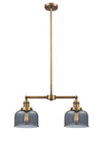 209-BB-G73 2-Light 21" Brushed Brass Island Light - Plated Smoke Large Bell Glass - LED Bulb - Dimmensions: 21 x 5 x 10<br>Minimum Height : 20.875<br>Maximum Height : 44.875 - Sloped Ceiling Compatible: Yes