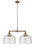 209-BB-G74-L 2-Light 21" Brushed Brass Island Light - Seedy X-Large Bell Glass - LED Bulb - Dimmensions: 21 x 5 x 10<br>Minimum Height : 23.125<br>Maximum Height : 47.125 - Sloped Ceiling Compatible: Yes