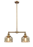 209-BB-G78 2-Light 24" Brushed Brass Island Light - Silver Plated Mercury Large Bell Glass - LED Bulb - Dimmensions: 24 x 7.5 x 10<br>Minimum Height : 20.875<br>Maximum Height : 44.875 - Sloped Ceiling Compatible: Yes