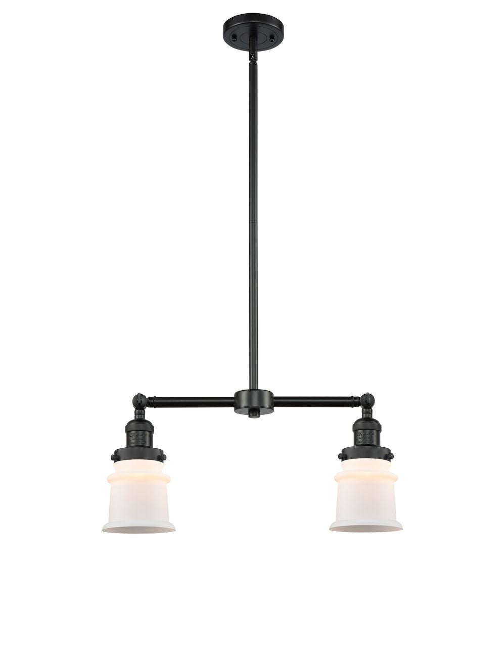 209-BK-G181S 2-Light 21" Matte Black Island Light - Matte White Small Canton Glass - LED Bulb - Dimmensions: 21 x 5 x 10<br>Minimum Height : 20.625<br>Maximum Height : 44.625 - Sloped Ceiling Compatible: Yes