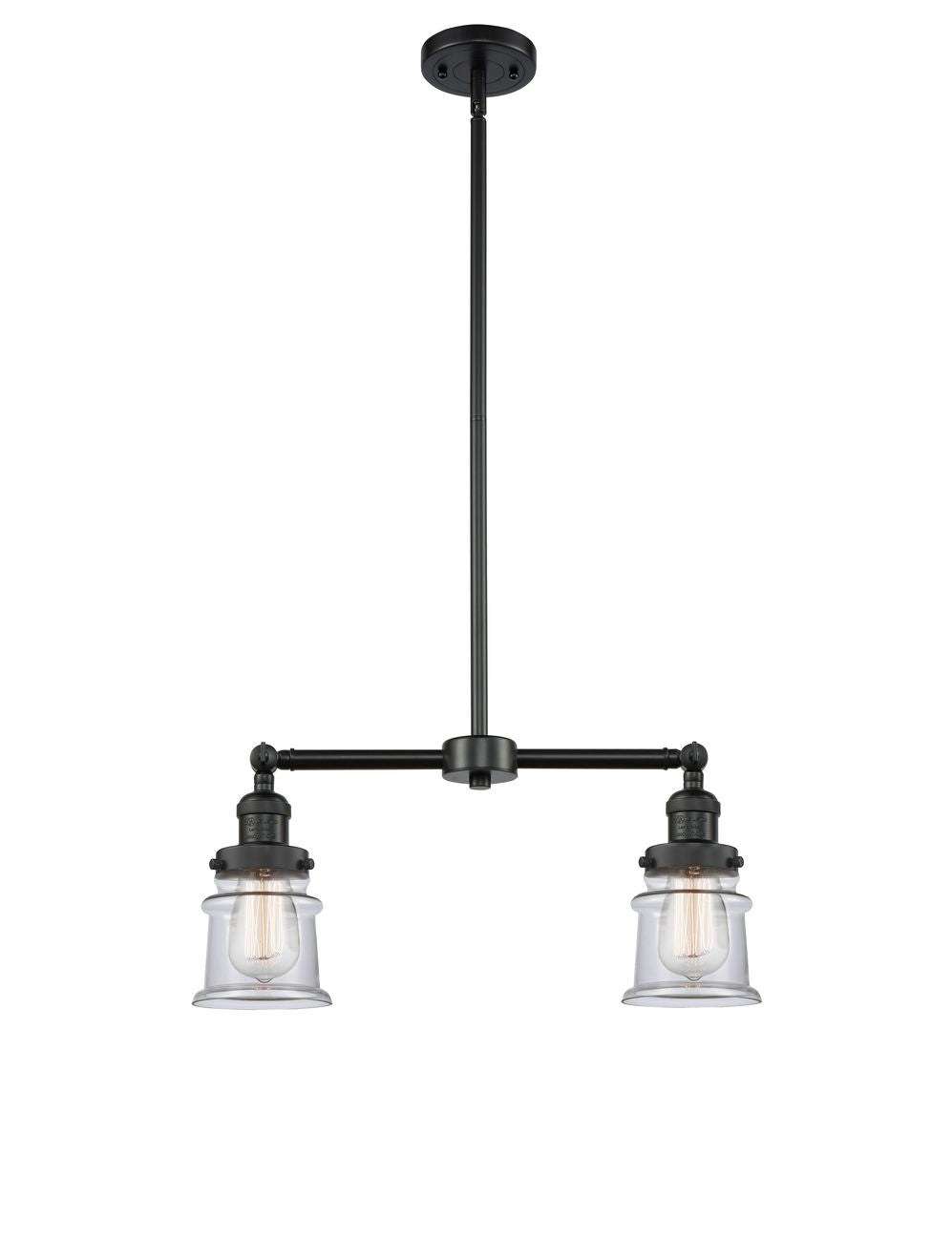 209-BK-G182S 2-Light 21" Matte Black Island Light - Clear Small Canton Glass - LED Bulb - Dimmensions: 21 x 5 x 10<br>Minimum Height : 20.625<br>Maximum Height : 44.625 - Sloped Ceiling Compatible: Yes