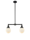 209-BK-G201-6 2-Light 23" Matte Black Island Light - Matte White Cased Beacon Glass - LED Bulb - Dimmensions: 23 x 6 x 10<br>Minimum Height : 20.875<br>Maximum Height : 44.875 - Sloped Ceiling Compatible: Yes