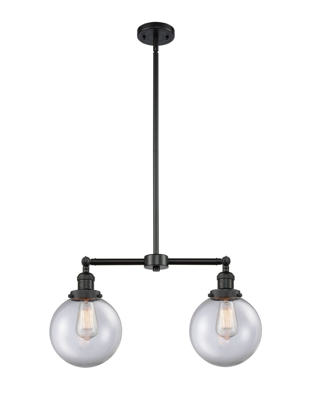209-BK-G202-8 2-Light 25" Matte Black Island Light - Clear Beacon Glass - LED Bulb - Dimmensions: 25 x 8 x 12.5<br>Minimum Height : 22.875<br>Maximum Height : 46.875 - Sloped Ceiling Compatible: Yes