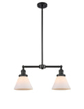 209-BK-G41 2-Light 21" Matte Black Island Light - Matte White Cased Large Cone Glass - LED Bulb - Dimmensions: 21 x 5 x 10<br>Minimum Height : 21.125<br>Maximum Height : 45.125 - Sloped Ceiling Compatible: Yes