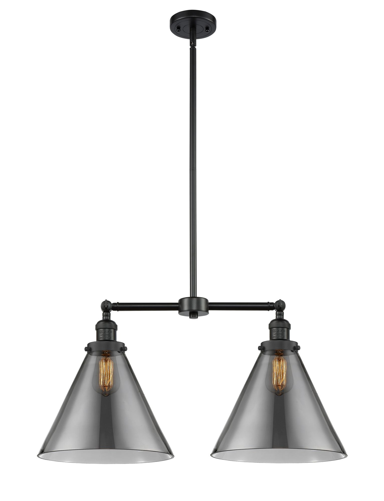 209-BK-G43-L 2-Light 21" Matte Black Island Light - Plated Smoke Cone 12" Glass - LED Bulb - Dimmensions: 21 x 5 x 10<br>Minimum Height : 25.125<br>Maximum Height : 49.125 - Sloped Ceiling Compatible: Yes