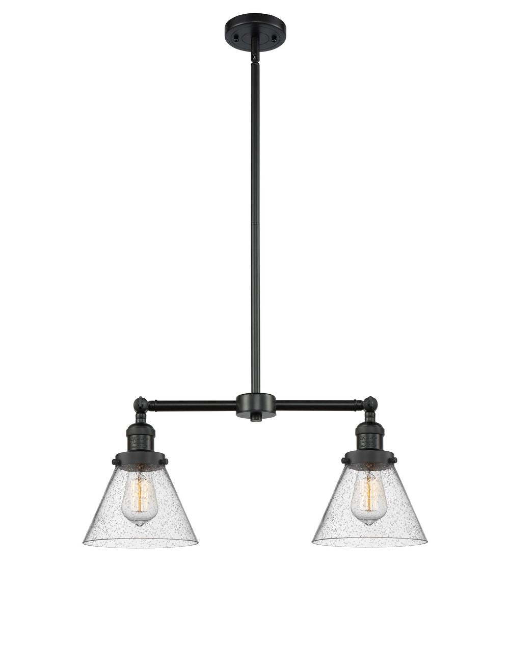 209-BK-G44 2-Light 21" Matte Black Island Light - Seedy Large Cone Glass - LED Bulb - Dimmensions: 21 x 5 x 10<br>Minimum Height : 21.125<br>Maximum Height : 45.125 - Sloped Ceiling Compatible: Yes