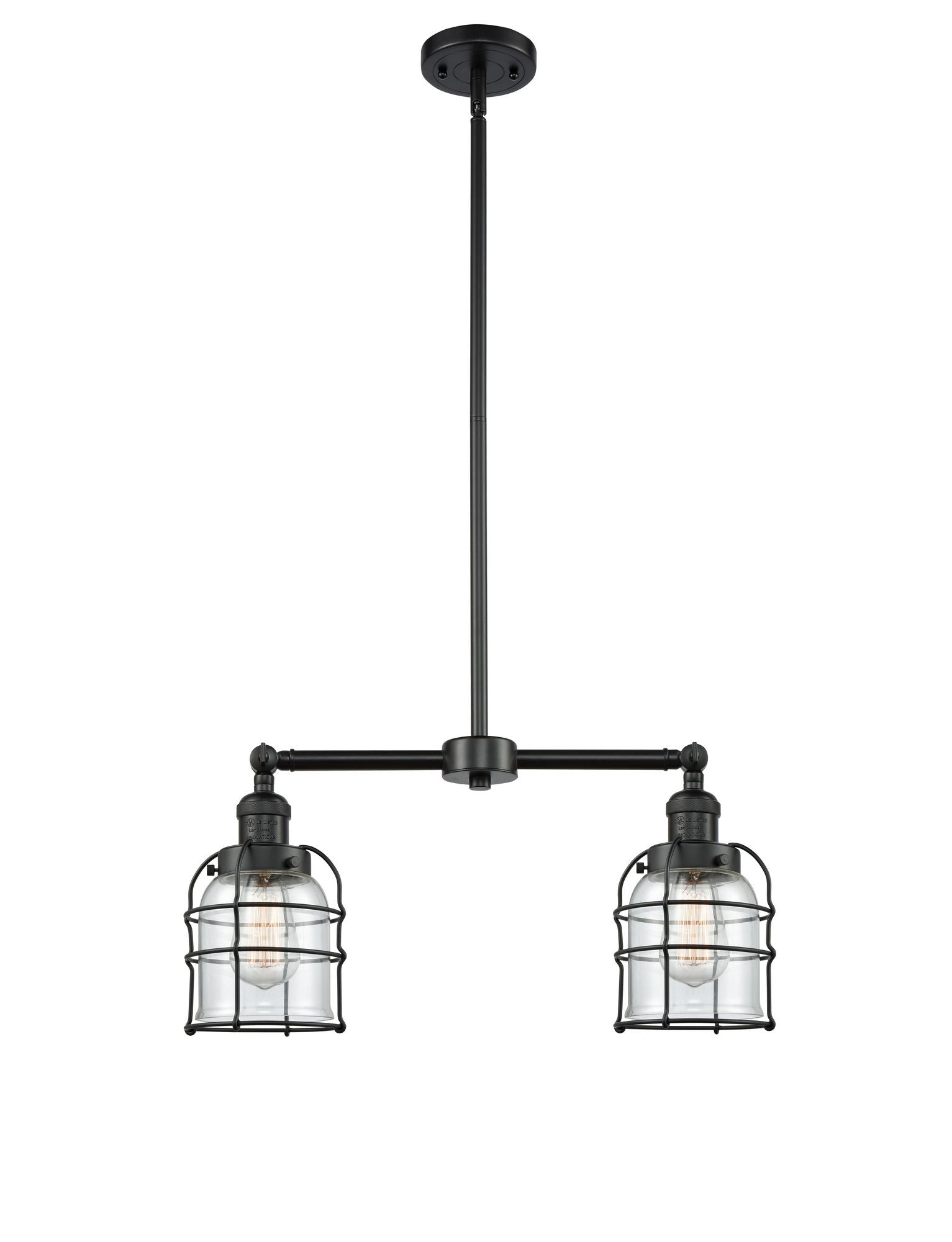 209-BK-G52-CE 2-Light 21" Matte Black Island Light - Clear Small Bell Cage Glass - LED Bulb - Dimmensions: 21 x 5 x 10<br>Minimum Height : 21.375<br>Maximum Height : 45.375 - Sloped Ceiling Compatible: Yes