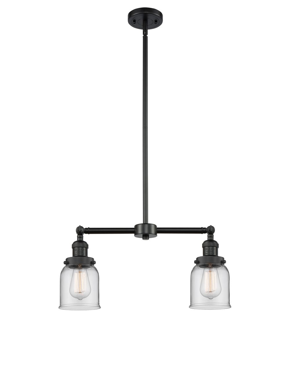 209-BK-G52 2-Light 21" Matte Black Island Light - Clear Small Bell Glass - LED Bulb - Dimmensions: 21 x 5 x 10<br>Minimum Height : 20.875<br>Maximum Height : 44.875 - Sloped Ceiling Compatible: Yes