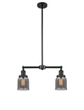 209-BK-G53 2-Light 21" Matte Black Island Light - Plated Smoke Small Bell Glass - LED Bulb - Dimmensions: 21 x 5 x 10<br>Minimum Height : 20.875<br>Maximum Height : 44.875 - Sloped Ceiling Compatible: Yes