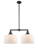 209-BK-G71-L 2-Light 21" Matte Black Island Light - Matte White Cased X-Large Bell Glass - LED Bulb - Dimmensions: 21 x 5 x 10<br>Minimum Height : 23.125<br>Maximum Height : 47.125 - Sloped Ceiling Compatible: Yes