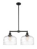 209-BK-G713-L 2-Light 21" Matte Black Island Light - Clear Deco Swirl X-Large Bell Glass - LED Bulb - Dimmensions: 21 x 5 x 10<br>Minimum Height : 23.125<br>Maximum Height : 47.125 - Sloped Ceiling Compatible: Yes
