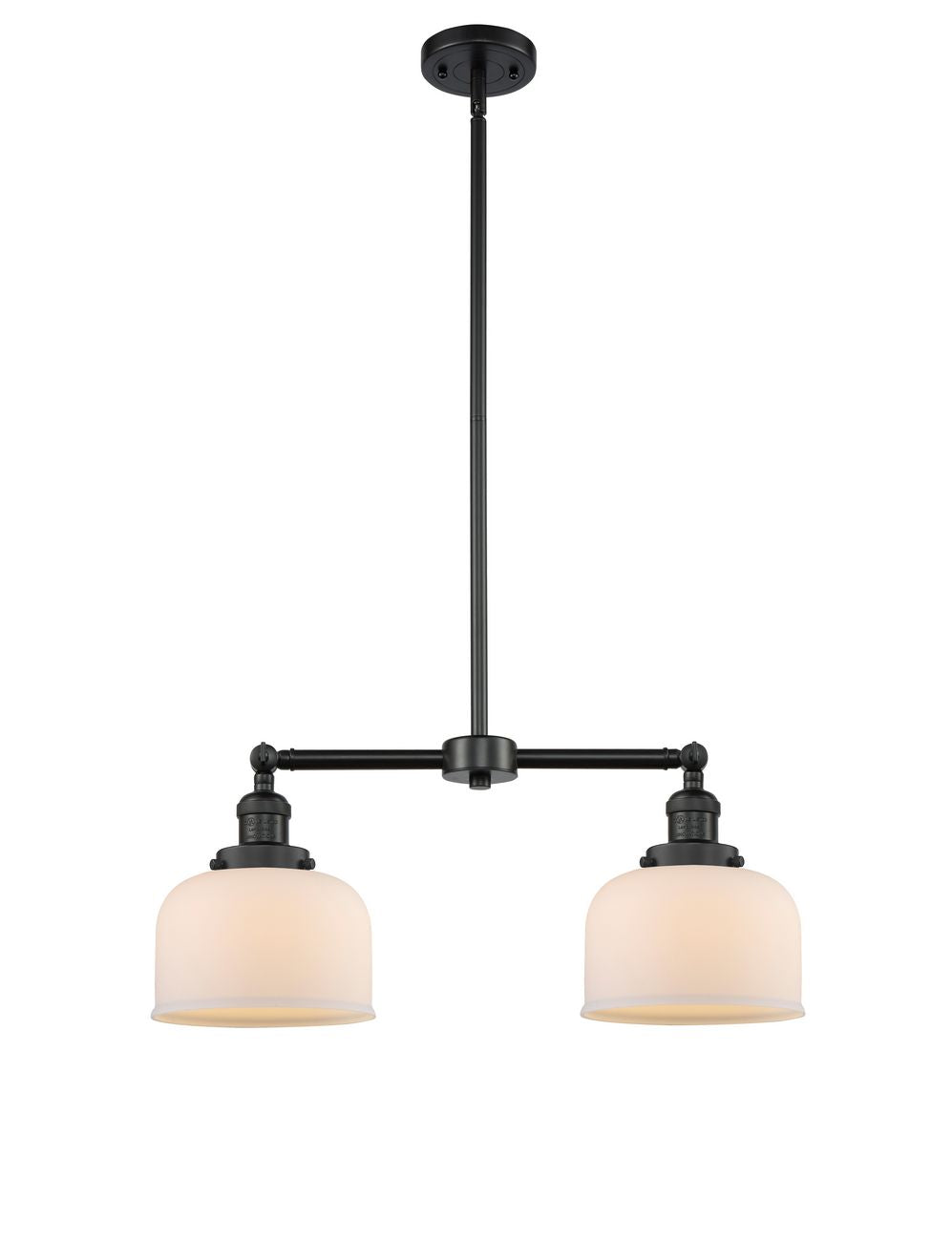209-BK-G71 2-Light 21" Matte Black Island Light - Matte White Cased Large Bell Glass - LED Bulb - Dimmensions: 21 x 5 x 10<br>Minimum Height : 20.875<br>Maximum Height : 44.875 - Sloped Ceiling Compatible: Yes