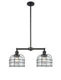 209-BK-G72-CE 2-Light 24" Matte Black Island Light - Clear Large Bell Cage Glass - LED Bulb - Dimmensions: 24 x 7.5 x 10<br>Minimum Height : 21.375<br>Maximum Height : 45.375 - Sloped Ceiling Compatible: Yes