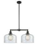 209-BK-G72-L 2-Light 21" Matte Black Island Light - Clear X-Large Bell Glass - LED Bulb - Dimmensions: 21 x 5 x 10<br>Minimum Height : 23.125<br>Maximum Height : 47.125 - Sloped Ceiling Compatible: Yes