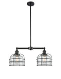 209-BK-G74-CE 2-Light 24" Matte Black Island Light - Seedy Large Bell Cage Glass - LED Bulb - Dimmensions: 24 x 7.5 x 10<br>Minimum Height : 21.375<br>Maximum Height : 45.375 - Sloped Ceiling Compatible: Yes