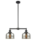 209-BK-G78 2-Light 24" Matte Black Island Light - Silver Plated Mercury Large Bell Glass - LED Bulb - Dimmensions: 24 x 7.5 x 10<br>Minimum Height : 20.875<br>Maximum Height : 44.875 - Sloped Ceiling Compatible: Yes