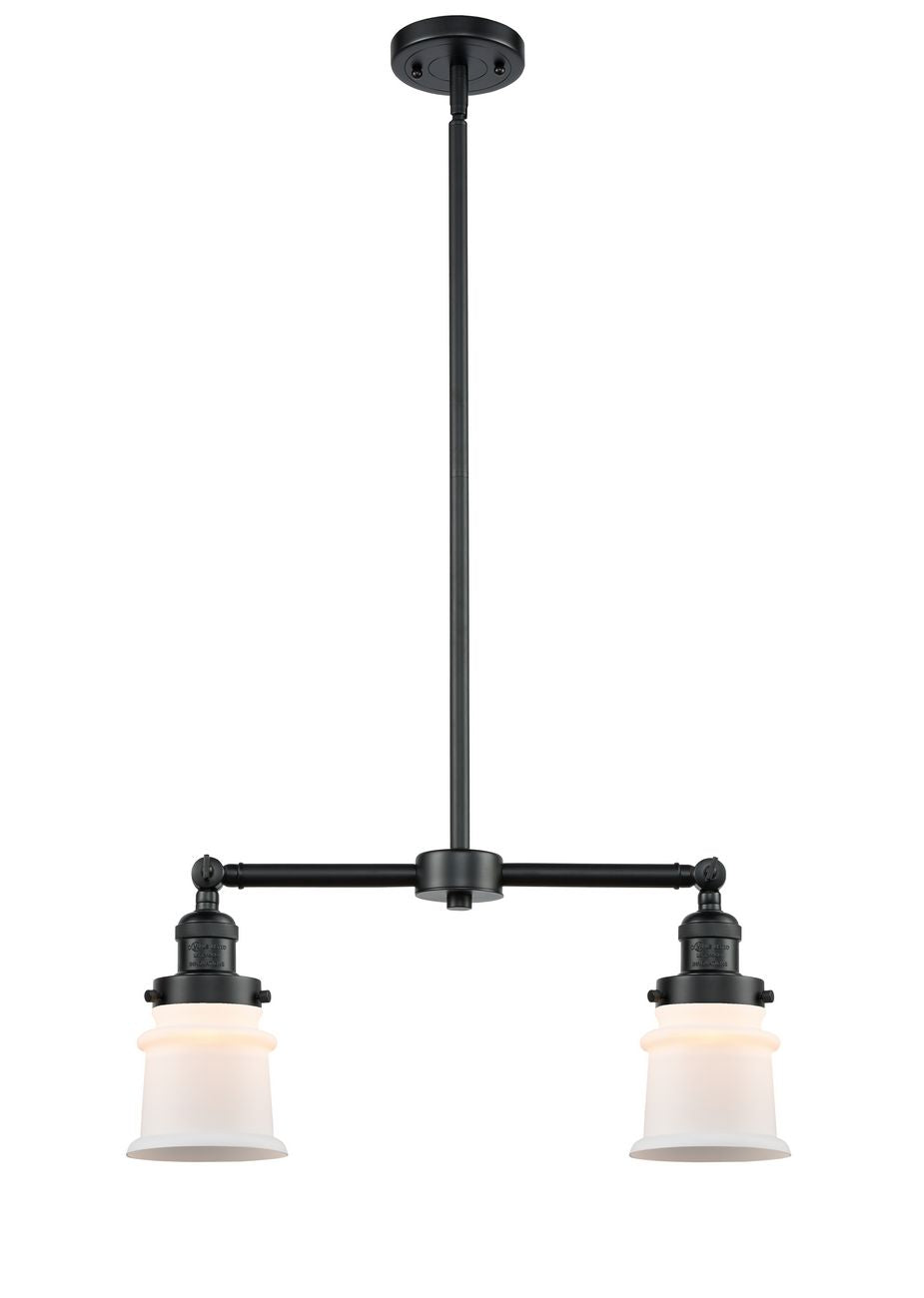 209-OB-G181S 2-Light 21" Oil Rubbed Bronze Island Light - Matte White Small Canton Glass - LED Bulb - Dimmensions: 21 x 5 x 10<br>Minimum Height : 20.625<br>Maximum Height : 44.625 - Sloped Ceiling Compatible: Yes